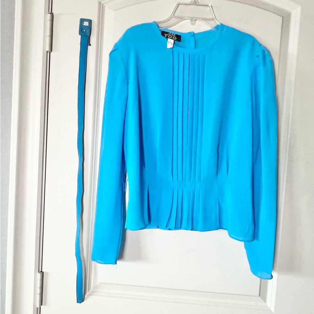 Vintage JD Too Cerulean Blue Pleated Blouse Belted Chiffon Peplum Top Size 11